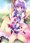  absurdres aya_ojo bat_wings black_panties blue_hair braid fang hat highres hoshino_madoka izayoi_sakuya multiple_girls panties red_eyes remilia_scarlet short_hair silver_hair surprised_arms touhou twin_braids underwear wings 