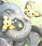  brothers kidura looking_up nintendo_ds no_humans pichu playing_games pokemon pokemon_(creature) pokemon_(game) pokemon_gsc product_placement siblings tire traditional_media 