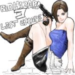  bare_shoulders blue_eyes boots brown_hair female gun jill_valentine kusanagi_shion_(elda) miniskirt resident_evil resident_evil_3 short_hair sitting skirt solo 