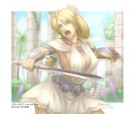  1girl armor belt blonde_hair blue_eyes breasts cleavage earrings female green_eyes hair_ornament jewelry long_hair miniskirt open_mouth shield sideboob skirt solo sophitia_alexandra soul_calibur soul_calibur_iv soulcalibur soulcalibur_iv sword tatchin weapon 