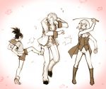  2girls angry arm_up bangs blush boots brown capcom child clenched_hand covering_one_eye cravat formal from_behind gloves gradient gradient_background gyakuten_kenji gyakuten_saiban hair_intakes ichijou_mikumo karuma_mei kicking mitsurugi_reiji monochrome multiple_girls open_mouth pain pants pink_background ponytail riding_crop school_uniform short_hair shorts sleeveless suit sweat swept_bangs syaofoo teenage young 