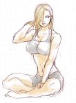  barefoot blonde_hair blue_eyes breasts cleavage crossed_legs fullmetal_alchemist hair_over_one_eye large_breasts lips lowres muscle navel olivier_armstrong olivier_mira_armstrong shorts sitting sketch solo sports_bra 
