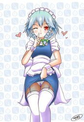  blue_dress bow braid dress dress_lift garter_belt garter_straps izayoi_sakuya lace-trimmed_panties large_bow maid maid_headdress nekonyan_(nekoworld) panties red_eyes short_hair silver_hair thigh-highs thigh_gap thighhighs touhou twin_braids underwear white_legwear white_panties wink wrist_cuffs 