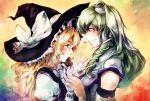  blonde_hair blush detached_sleeves duplicate embarrassed frog gloves green_hair hair_ornament hat holding_hands kirisame_marisa kochiya_sanae multiple_girls profile ribbon snake touhou ukyo_rst witch_hat yellow_eyes yukizen 