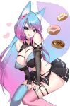  1girl animal_ears asymmetrical_legwear blue_hair breasts doughnut fang food gradient_hair large_breasts long_hair multicolored_hair open_mouth pink_hair silvervale skindentation smile solo tail thigh-highs uhhgaoh vshojo 