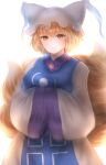  1girl animal_ears blonde_hair bloom breasts dress fox_ears fox_tail hands_in_opposite_sleeves hat highres large_breasts light_blush multiple_tails niwaniwatori pillow_hat short_hair simple_background smile solo tabard tail touhou upper_body white_background white_dress yakumo_ran yellow_eyes 