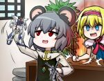  2girls :d action_figure alice_margatroid angry animal_ear_fluff blonde_hair blue_eyes cookie_(touhou) crossbone_gundam grey_hair gundam hairband happy ichigo_(cookie) indoors jigoku_no_soko_de_coffee_wo_nomu_neko multiple_girls nazrin nyon_(cookie) open_mouth playing red_eyes short_hair slam smile touhou v-shaped_eyebrows window xi_gundam 