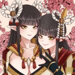  2girls black_hair blush breasts hinoa japanese_clothes kimono lllkirakiralll long_hair minoto monster_hunter monster_hunter_(series) monster_hunter_rise pointy_ears siblings twins 