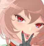  1girl absurdres azur_lane duca_degli_abruzzi_(azur_lane) eyebrows_visible_through_hair highres light_brown_hair long_hair looking_at_viewer mechanical_arms misoni_(kenisbyakusiki) portrait red_eyes simple_background single_mechanical_arm solo tongue tongue_out white_background 