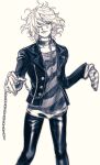  1boy bangs chain closed_eyes collar collarbone dangan_ronpa_(series) dangan_ronpa_another_episode:_ultra_despair_girls gloves grey_background hair_over_one_eye highres holding holding_chain jacket komaeda_nagito messy_hair metal_collar mittens monochrome open_clothes open_jacket pants rei_(tdn_ng) shiny shiny_clothes shirt simple_background smile solo standing striped striped_gloves striped_shirt two-tone_shirt 