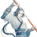  1boy chinese_clothes highres holding holding_sheath holding_sword holding_weapon long_hair low-tied_long_hair male_focus micho sheath simple_background solo sword the_legend_of_luo_xiaohei very_long_hair weapon white_background wuxian_(the_legend_of_luoxiaohei) 