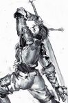  1boy armor black_shirt breastplate commentary_request cowboy_shot gauntlets grey_background greyscale highres holding holding_sword holding_weapon long_sleeves looking_at_viewer male_focus monochrome original pouch shirt short_hair solo sword weapon yanyan_(shinken_gomi) 