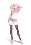  1girl absurdres arm_up bangs blonde_hair breasts commission full_body highres legs lips looking_at_viewer medium_breasts persona persona_5 senacolada shoes short_shorts shorts sneakers solo standing stomach swept_bangs takamaki_anne thigh-highs twintails under_boob white_background white_footwear 