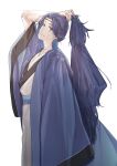  1boy arm_up blue_hair earrings gihuta_hiroshi grey_eyes highres jewelry lanxi_zhen laojun_(the_legend_of_luoxiaohei) long_hair long_sleeves ponytail simple_background smile solo the_legend_of_luo_xiaohei very_long_hair white_background wide_sleeves 