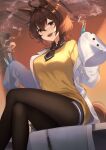  1girl :d agnes_tachyon_(umamusume) ahoge animal_ears artist_name bangs beaker black_legwear breasts brown_hair commentary_request crossed_legs eyebrows_visible_through_hair eyelashes hair_between_eyes hair_intakes high_collar highres horse_ears horse_tail kura_noi labcoat large_breasts medium_hair open_mouth oversized_clothes pantyhose sitting smile solo steam sweater tail umamusume upper_teeth yellow_sweater zipper 