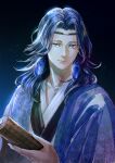  1boy black_background blue_eyes blue_hair blue_theme chinese_clothes earrings floral_print hand_up highres jewelry laojun_(the_legend_of_luoxiaohei) long_hair looking_at_viewer micho simple_background smile solo the_legend_of_luo_xiaohei upper_body 