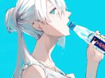  1girl adjusting_clothes aqua_background bangs black_nails bottle commentary_request drinking earrings grey_hair hair_bun highres holding holding_bottle jewelry long_hair looking_at_viewer nail_polish original ponytail portrait profile ramune shirt simple_background sleeveless sleeveless_shirt solo stud_earrings sweat white_shirt yagi_(39583320) 