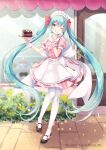  1girl ;) ;q apron aqua_eyes aqua_hair bangs black_footwear blush cake commentary_request dress eyebrows_visible_through_hair food frilled_apron frills full_body gomano_rio hair_between_eyes hair_ribbon hatsune_miku highres holding holding_plate long_hair looking_at_viewer maid_headdress mary_janes one_eye_closed outdoors pantyhose pink_dress plate puffy_short_sleeves puffy_sleeves red_ribbon ribbon shoes short_sleeves smile solo standing storefront striped tongue tongue_out twintails vertical-striped_dress vertical_stripes very_long_hair vocaloid white_apron white_legwear 
