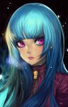  1girl bangs black_background blue_hair breath eyelashes hector_enrique_sevilla_lujan highres kula_diamond long_hair pink_eyes pink_lips signature snow solo the_king_of_fighters upper_body zipper 
