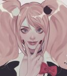  1girl bangs bear_hair_ornament black_choker black_shirt blonde_hair bow choker dangan_ronpa:_trigger_happy_havoc dangan_ronpa_(series) enoshima_junko fingernails grey_eyes hair_ornament highres long_hair looking_at_viewer nail_polish portrait red_bow red_nails rei_(tdn_ng) shiny shiny_hair shirt solo twintails 