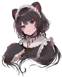  1girl :3 animal_ears black_choker black_dress brown_hair choker cropped_torso dog_ears dress eyebrows_visible_through_hair frilled_dress frills headdress heterochromia highres inui_toko konayama_kata long_hair looking_at_viewer nijisanji ponytail portrait red_eyes simple_background solo virtual_youtuber white_background yellow_eyes 