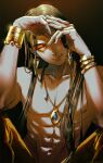  1boy abs arms_up black_background black_hair bracelet earrings facial_mark highres jewelry lanxi_zhen long_hair male_focus micho muscular muscular_male naga_(the_legend_of_luoxiaohei) necklace simple_background solo the_legend_of_luo_xiaohei yellow_eyes 