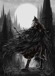  1girl black_headwear blade_of_mercy bloodborne boots building cloak coat dual_wielding eileen_the_crow english_commentary feather-trimmed_coat from_behind gloves hat highres holding holding_weapon long_coat mask monochrome moon pants plague_doctor_mask purrcelot solo standing sword weapon 
