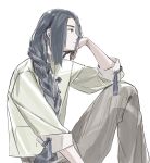  1boy arm_up black_hair braid brown_pants gihuta_hiroshi highres knee_up long_hair long_sleeves pants profile shirt simple_background solo the_legend_of_luo_xiaohei very_long_hair white_background white_shirt wuxian_(the_legend_of_luoxiaohei) 