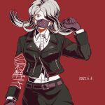  1girl bangs belt black_gloves black_jacket black_skirt collared_shirt commentary_request cowboy_shot dangan_ronpa_(series) dangan_ronpa_3_(anime) dated dress_shirt flipped_hair formal gloves hair_over_one_eye hand_up jacket kimura_seiko kiri_(2htkz) long_hair long_sleeves looking_at_viewer mask mouth_mask pencil_skirt red_background shirt silver_hair simple_background skirt smile solo surgical_mask translation_request white_shirt 