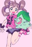 :d amezawa_koma blue_shorts brown_hair bulbasaur gen_1_pokemon green_eyes looking_at_viewer navel open_mouth outstretched_arms pink_background pink_footwear pink_shirt pokemon pokemon_(game) pokemon_xy scrunchie shauna_(pokemon) shirt shoes short_shorts shorts simple_background smile spread_arms standing standing_on_one_leg twintails wrist_scrunchie 