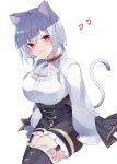  1girl absurdres animal_ears ascot bangs black_legwear black_shorts breasts cat_ears cat_tail commentary_request eyebrows_visible_through_hair feet_out_of_frame frilled_legwear frilled_shorts frills garter_straps hakase_fuyuki heart highres kemonomimi_mode large_breasts low_twintails nijisanji puffy_sleeves shirt short shorts silver_hair simple_background sleeves_past_fingers sleeves_past_wrists solo tail thigh-highs twintails virtual_youtuber white_background white_neckwear white_shirt white_sleeves yayoi_asuka 