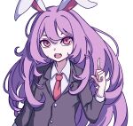  1girl animal_ears bangs blazer collared_shirt eyebrows_behind_hair highres index_finger_raised jacket kame_(kamepan44231) long_hair long_sleeves looking_at_viewer one-hour_drawing_challenge open_mouth purple_hair rabbit_ears red_eyes red_neckwear reisen_udongein_inaba shirt simple_background solo touhou upper_body white_background white_shirt 
