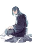  1boy blue_hair from_side full_body gihuta_hiroshi hair_behind_ear highres lanxi_zhen long_hair long_sleeves profile simple_background sitting smile solo the_legend_of_luo_xiaohei very_long_hair white_background wide_sleeves wuxian_(the_legend_of_luoxiaohei) 