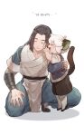  2boys animal_ears black_hair blush cat_ears cat_tail child closed_eyes gihuta_hiroshi height_difference highres long_hair luoxiaohei multiple_boys profile shadow short_hair simple_background squatting tail the_legend_of_luo_xiaohei white_background white_hair wuxian_(the_legend_of_luoxiaohei) 