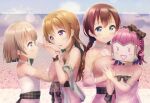  4girls asymmetrical_hair b.ren bangs blue_eyes blunt_bangs blunt_ends bob_cut bow braid breasts brown_hair clothing_cutout dress emma_verde freckles grey_hair grey_scarf hands_together highres konoe_kanata large_breasts long_hair love_live! love_live!_nijigasaki_high_school_idol_club low_twintails multiple_girls nakasu_kasumi orange_hair pink_dress pink_hair plaid plaid_bow qu4rtz_(love_live!) red_eyes scarf screen see-through_sleeves short_hair shoulder_cutout sing_&amp;_smile!!_(love_live!) tennouji_rina twin_braids twintails unmoving_pattern violet_eyes wavy_hair yuri 