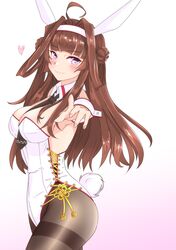  1girl adapted_costume ahoge alternate_costume animal_ears between_breasts black_legwear black_neckwear breasts brown_hair bunny_tail cowboy_shot detached_collar double_bun foreshortening gradient gradient_background highres kantai_collection kongou_(kancolle) leotard long_hair necktie nitamago_(sakamalh) pantyhose playboy_bunny rabbit_ears smile solo strapless strapless_leotard tail thigh_gap violet_eyes white_background white_leotard wrist_cuffs 