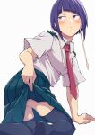  1girl arm_support bangs black_legwear blue_eyes blunt_bangs blush boku_no_hero_academia breasts closed_mouth collared_shirt commentary_request frown highres jirou_kyouka kobaji long_skirt looking_at_viewer medium_breasts necktie pleated_skirt red_neckwear school_uniform shirt short_hair short_sleeves sideways_glance skirt solo thigh-highs violet_eyes 