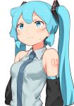  1girl abmayo absurdres aqua_hair bangs black_sleeves blush breasts collared_shirt commentary_request detached_sleeves hatsune_miku highres long_hair necktie number_tattoo shirt shoulder_tattoo small_breasts solo sweatdrop tattoo twintails upper_body vocaloid 