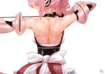  1girl absurdres backless_outfit bare_back bare_shoulders black_gloves cosmic_break dress_bow elbow_gloves english_commentary from_behind gloves halterneck highres melfi open_mouth pink_hair rakostep short_hair solo sweat tied_hair toned upper_body white_background 