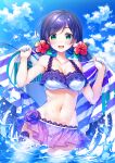  1girl aqua_eyes bangs bikini blue_sky breasts clouds cowboy_shot flower frilled_bikini frills hair_flower hair_ornament hibiscus highres large_breasts long_hair looking_at_viewer love_live! love_live!_school_idol_festival low_twintails navel open_mouth parted_bangs purple_hair round_teeth saikyo_pink_fp sarong scrunchie sky smile solo striped_towel sweat swept_bangs swimsuit teeth toujou_nozomi twintails upper_teeth wet white_bikini 