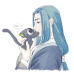  2boys animal black_cat blue_hair cat highres holding holding_animal holding_cat long_hair long_sleeves low-tied_long_hair luoxiaohei micho multiple_boys profile simple_background smile speech_bubble the_legend_of_luo_xiaohei white_background wuxian_(the_legend_of_luoxiaohei) 