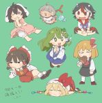  +_+ 6+girls animal_ears barefoot black_hair black_skirt black_vest blonde_hair bloomers blue_skirt blush_stickers boned_meat bow brown_hair carrot chibi citrus_(place) closed_eyes crystal detached_sleeves dress ebisu_eika fang fang_out fangs flandre_scarlet food full_body green_background green_eyes green_hair hair_bow hair_ornament hair_tubes hakurei_reimu hand_on_own_cheek hand_on_own_face hands_clasped hat hat_bow highres horns inaba_tewi jellyfish kijin_seija kochiya_sanae long_earlobes long_hair long_sleeves lying meat multicolored_hair multiple_girls on_stomach open_mouth own_hands_together pink_dress rabbit_ears red_bow red_eyes red_neckwear red_shirt red_skirt redhead rumia shirt shoes short_hair short_sleeves skirt smile snake_hair_ornament socks streaked_hair touhou underwear vest white_headwear white_legwear white_shirt wings yellow_neckwear 