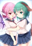  2girls alternate_costume animal_ears bangs bird_wings black_skirt breasts closed_mouth cowboy_shot dog_ears dog_tail eyebrows_visible_through_hair fang green_eyes green_hair head_wings highres holding_another hug karasuma_amiru kasodani_kyouko looking_at_another multiple_girls mystia_lorelei one_eye_closed open_mouth pink_hair pleated_skirt red_eyes red_neckwear sailor_collar school_uniform serafuku shirt short_hair short_sleeves skin_fang skirt smile standing tail touhou white_shirt wings 