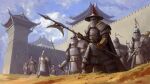  6+boys absurdres armor blue_sky brown_gloves castle chainmail clouds dated day gloves helmet highres holding holding_club holding_polearm holding_sword holding_weapon mount_&amp;_blade multiple_boys outdoors polearm sancliff sky spear standing sword warrior weapon 