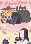  4boys black_cat black_hair blush cat closed_eyes commentary_request english_text fengxi_(the_legend_of_luoxiaohei) fluffy furry gihuta_hiroshi hat highres long_hair long_sleeves luoxiaohei multiple_boys purple_hair purple_headwear sidelocks the_legend_of_luo_xiaohei thought_bubble tianhu_(the_legend_of_luoxiaohei) wuxian_(the_legend_of_luoxiaohei) 