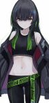  1girl bangs bare_shoulders black_hair black_jacket black_pants breasts brown_eyes collarbone copyright_request crop_top eyebrows_visible_through_hair green_hair hair_between_eyes jacket long_hair looking_at_viewer multicolored_hair navel off_shoulder open_clothes open_jacket pants parted_lips shiwa_(siwaa0419) simple_background small_breasts solo standing streaked_hair v-shaped_eyebrows white_background 