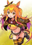  1girl :d animal_ears black_footwear black_ribbon brown_jacket brown_legwear commentary dog_tags ear_ribbon horse_ears horse_girl horse_tail jacket long_hair long_sleeves looking_at_viewer mayano_top_gun_(umamusume) midriff navel open_mouth orange_hair outstretched_arms ribbon shoes shorts shunin smile solo standing standing_on_one_leg striped striped_legwear tail thigh-highs thighs twintails two_side_up umamusume white_shorts yellow_eyes 