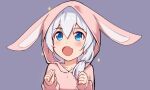 1girl :d animal_ears animated animated_gif bangs blue_eyes clenched_hands daidailong hair_between_eyes honkai_(series) honkai_impact_3rd hood hoodie looking_afar looking_up open_mouth pajamas purple_background rabbit_ears side_ponytail simple_background smile solo star_(symbol) theresa_apocalypse white_hair 