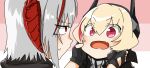  2girls arknights bangs black_gloves blonde_hair cheek_pinching commentary_request creator_connection crossover fingerless_gloves girls_frontline gloves grey_hair hair_between_eyes headgear highres horns m4_sopmod_ii_(girls_frontline) multicolored_hair multiple_girls myon2 open_mouth pinching red_eyes redhead shiny shiny_hair simple_background streaked_hair w_(arknights) white_background 