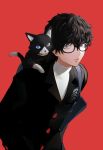  2boys amamiya_ren animal_on_shoulder bag black_fur black_hair black_jacket blue_eyes buttons collar commentary glasses grey_eyes highres igusaharu jacket leaning_forward male_focus morgana_(persona_5) multiple_boys persona persona_5 red_background round_eyewear school_uniform serious shirt short_hair shoulder_bag shuujin_academy_uniform simple_background upper_body white_fur white_shirt yellow_collar 